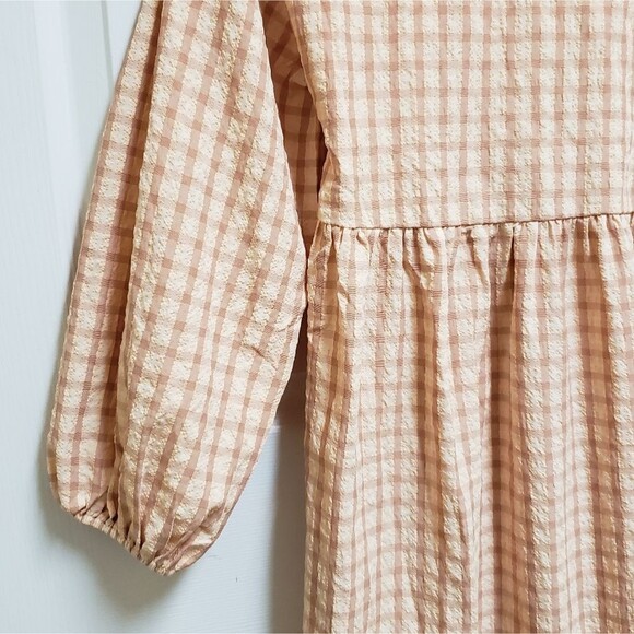 Petal & Pup Dress Womens Size 2 Peach Plaid Lace Up Puff Sleeve Cottage Prairie - Picture 6 of 11